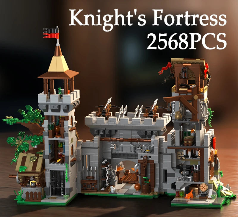 Close-up of Knight's Fortress tower, roof details, flags and ornamental medieval brick design