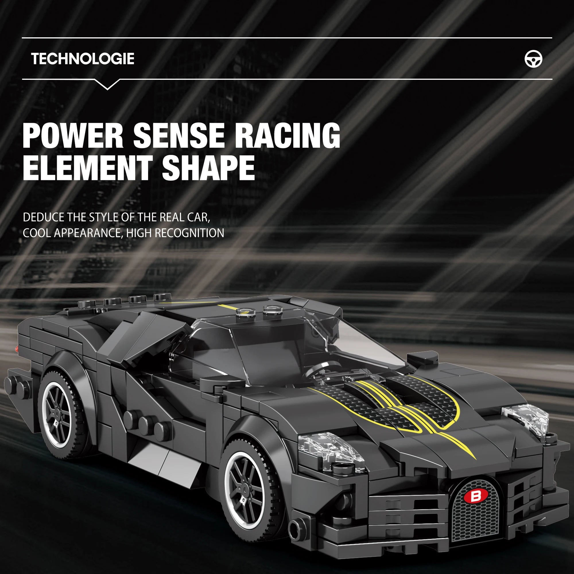 All 339 La Voiture Noire luxury supercar building blocks and components laid out showing black, gold, gray, and accent color pieces, detailed racing components, wheel assemblies, engine parts, and premium construction elements

