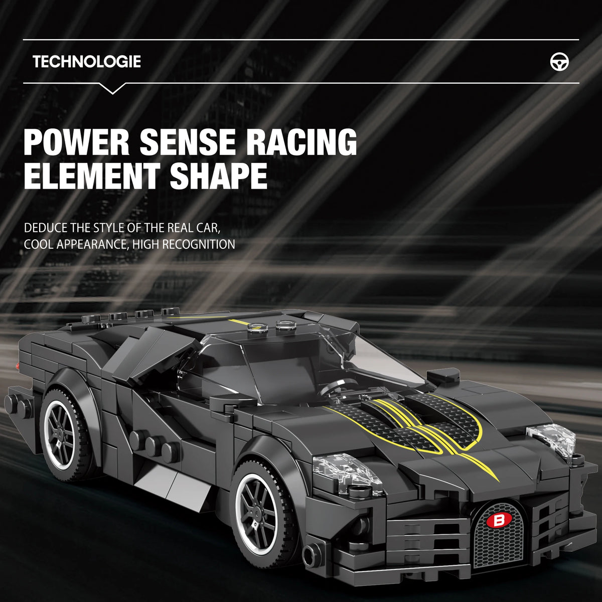 All 339 La Voiture Noire luxury supercar building blocks and components laid out showing black, gold, gray, and accent color pieces, detailed racing components, wheel assemblies, engine parts, and premium construction elements

