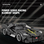 All 339 La Voiture Noire luxury supercar building blocks and components laid out showing black, gold, gray, and accent color pieces, detailed racing components, wheel assemblies, engine parts, and premium construction elements

