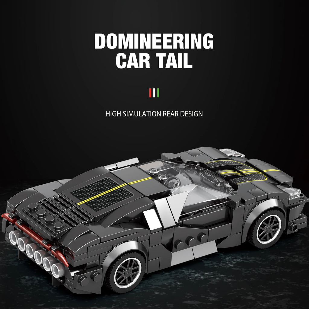 Completed La Voiture Noire luxury supercar collectible model displayed showing full 339-piece construction with refined racing aesthetics, sleek aerodynamic design, professional finishes, and museum-quality display appearance

