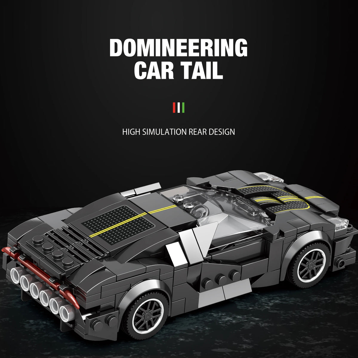 Completed La Voiture Noire luxury supercar collectible model displayed showing full 339-piece construction with refined racing aesthetics, sleek aerodynamic design, professional finishes, and museum-quality display appearance

