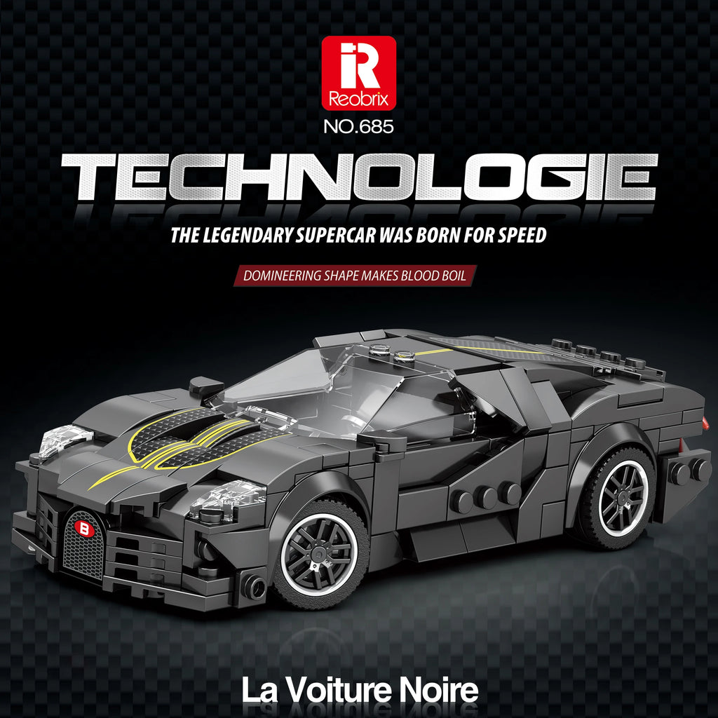 Complete La Voiture Noire luxury supercar building set with 339 precision building blocks displayed in black and gold colors, featuring sleek aerodynamic racing design, detailed mechanical components, and premium construction quality
