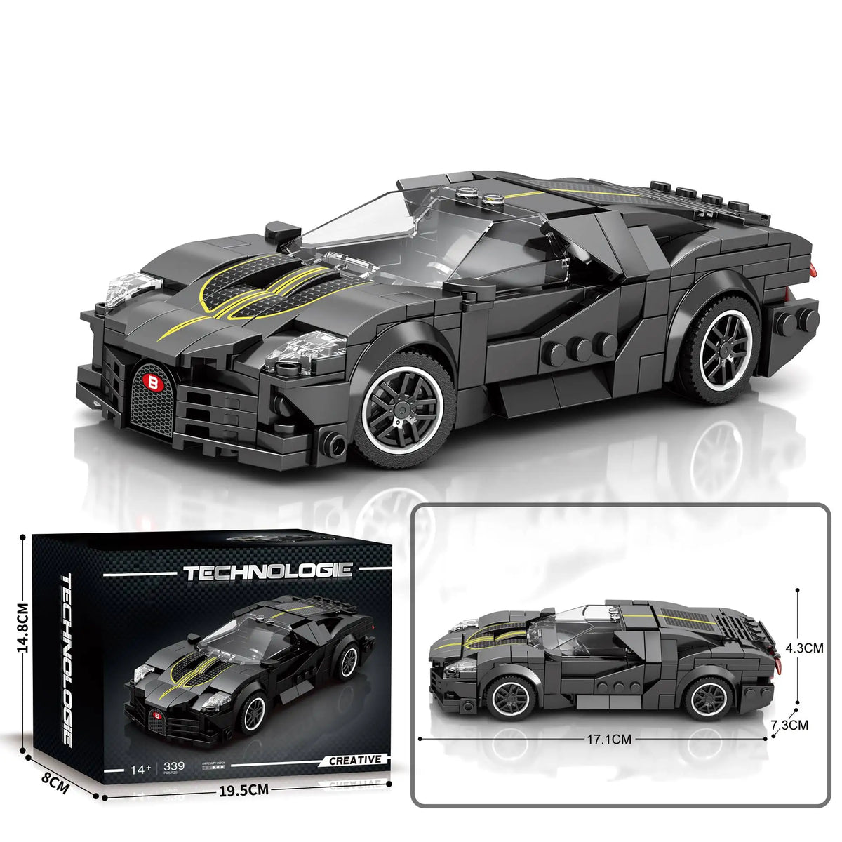 Fully assembled La Voiture Noire luxury supercar model showing complete 339-piece construction with sophisticated racing design, aerodynamic profile, detailed wheels, luxury finishes, and professional-grade building block assembly

