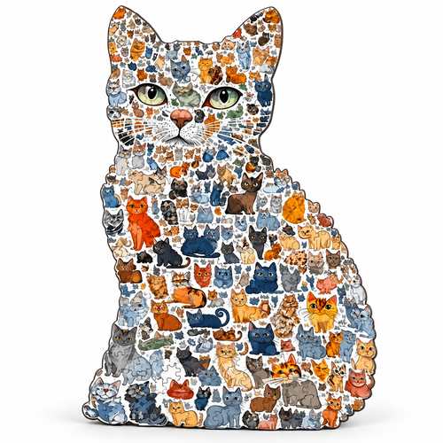 Front-facing large cat-shaped wooden jigsaw puzzle centered on white studio background