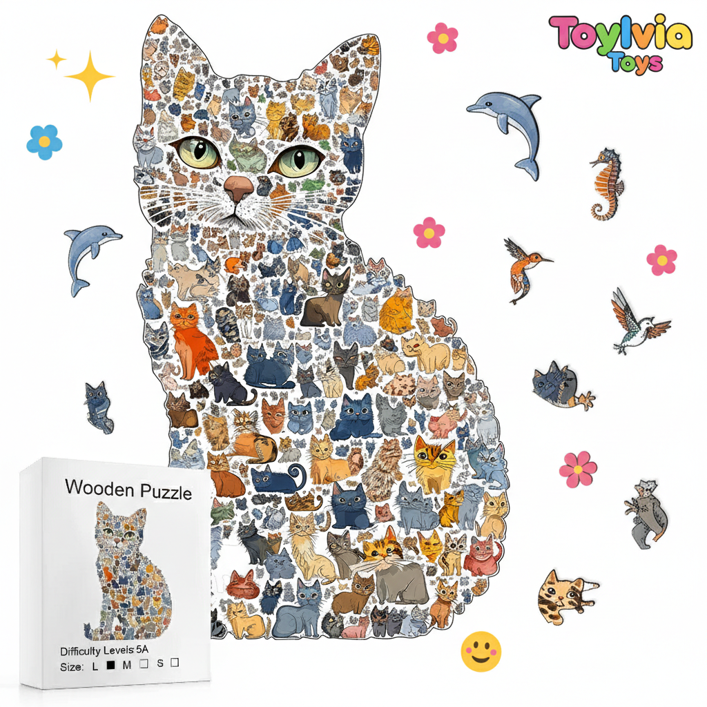 Cat-shaped wooden puzzle with small cat illustrations, surrounded by decorative elements and Toylivia Toys branding. Main image
