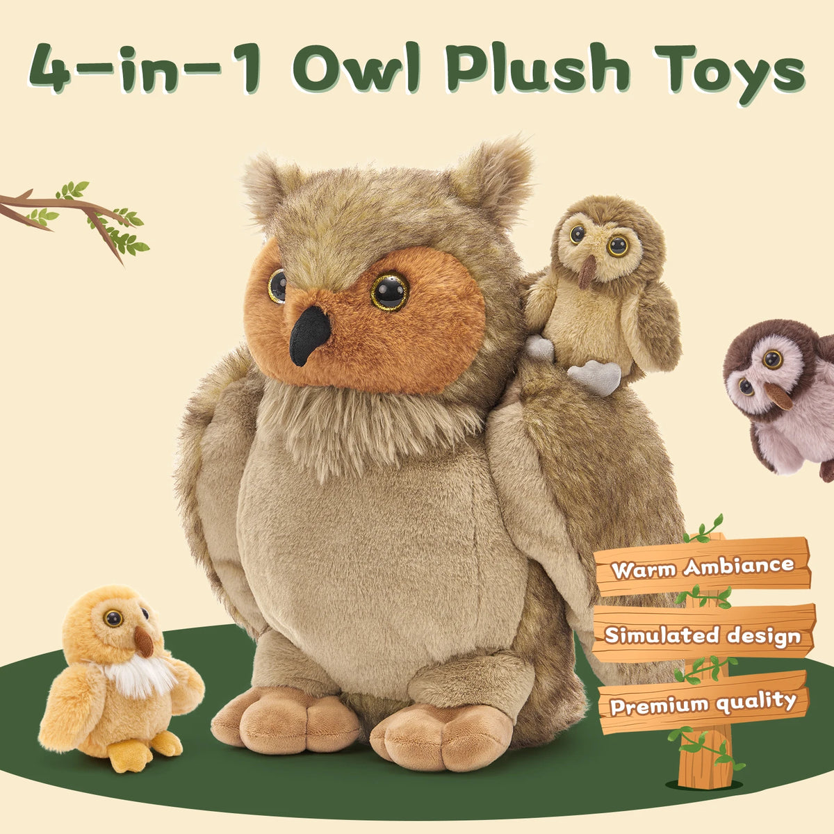 Set of 4 owl plush toys with a large owl holding smaller ones, on a beige background.