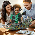 Family playing with a pirate ship toy set on a wooden table.