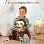 Child holding a plush sloth toy with other sloth toys on the floor, text 'Ideal for Hugs & Snuggle Time' above.