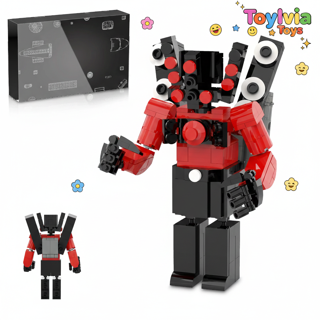 Toy robot figure with black and red design, displayed with a box and branding on a white background. Main image