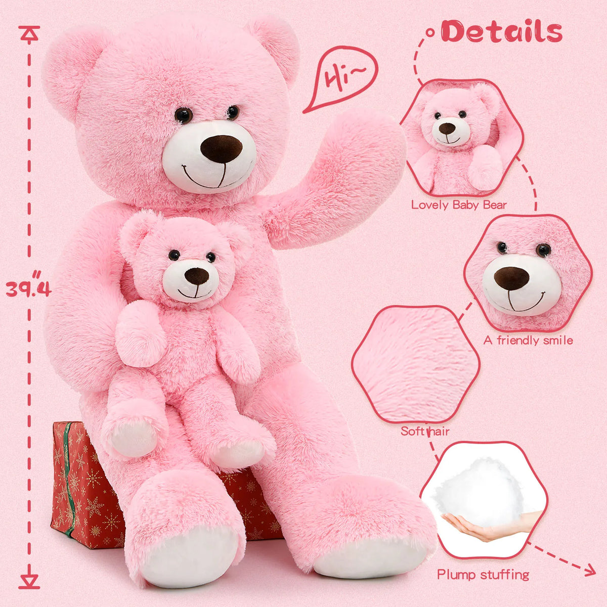 Pink teddy bear with detailed features and measurements on a pink background