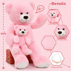 Pink teddy bear with detailed features and measurements on a pink background