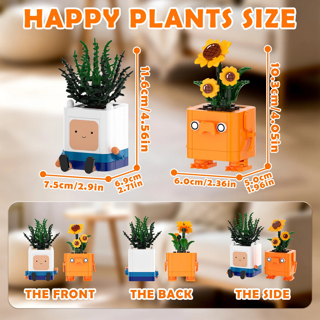 Happy Plants size chart with measurements and front, back, and side views of the planters.