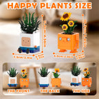 Happy Plants size chart with measurements and front, back, and side views of the planters.