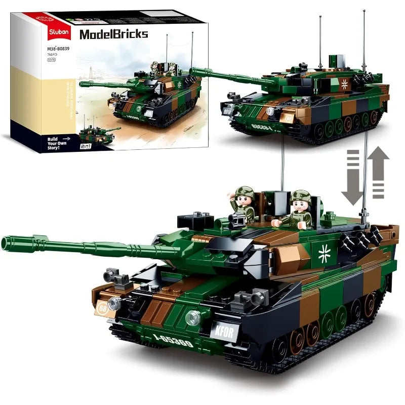 Complete 766PCS Leopard 2A5 main battle tank building blocks model with detailed turret, cannon and realistic military camouflage paint. Main image