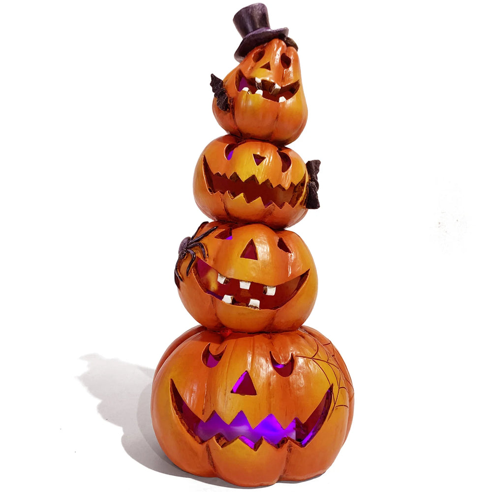 Light-Up Stacked Pumpkin Tower – 9.5-Inch Resin Halloween Decor