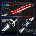 Light-up toy sword feature graphic showing a glowing red blade and diagrams of the rotating connection and combined swords.