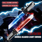 Red and blue illuminated toy swords with black and silver handles against a dark illustrated background with lightning effects.