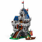 Lion Castle 3,967-piece building block set, gray stone fortress with blue roofs, red banners, green base, and brown boat, front three-quarter view on white.