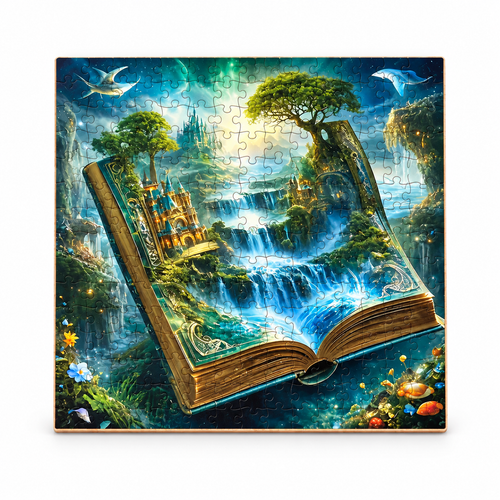 Literary Haven fantasy book wooden jigsaw puzzle centered on white studio background