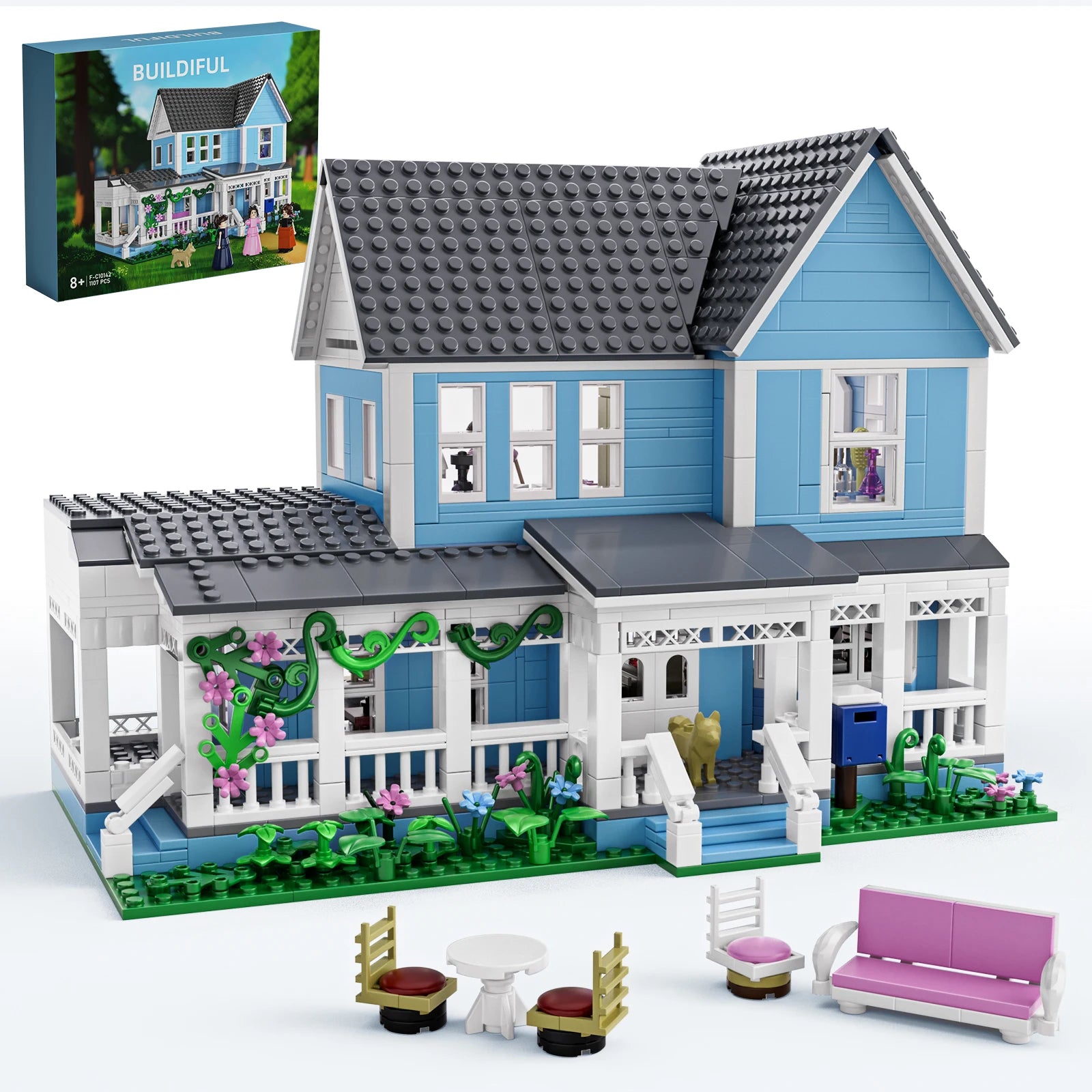 Toy house set with detailed exterior and furniture, including a box labeled 'BUILDITL'.