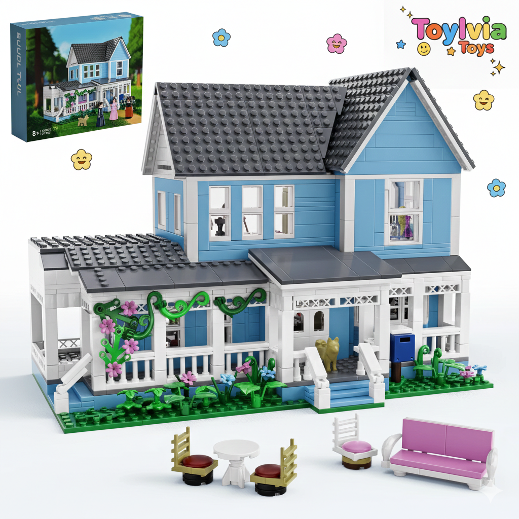 Toy house set with blue exterior and white porch, featuring furniture and garden elements, on a white background. Main image