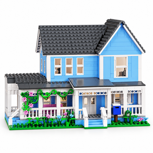 Blue and white cottage building-block set with dark gray roofs, flowered green landscaping, porch and blue mailbox.
