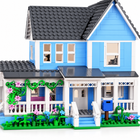 Close view of blue cottage building-block house porch, white railings, blue mailbox and flowered green vines.