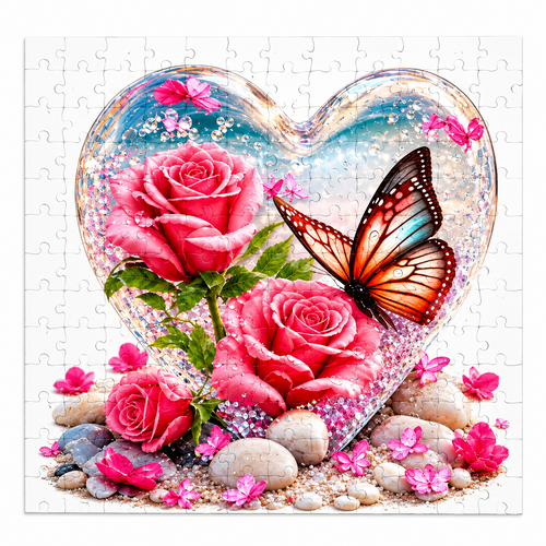 Wooden jigsaw puzzle of pink roses and a butterfly inside a glittering glass heart on pale stones