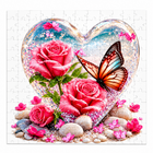 Wooden jigsaw puzzle of pink roses and a butterfly inside a glittering glass heart on pale stones