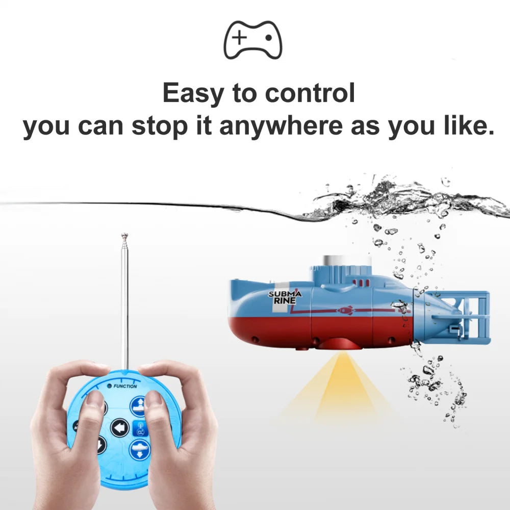 Remote-controlled toy submarine with a hand holding the remote and text about control and stopping power.