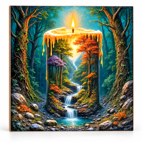 Completed candlelit forest waterfall wooden puzzle shown assembled on a white background