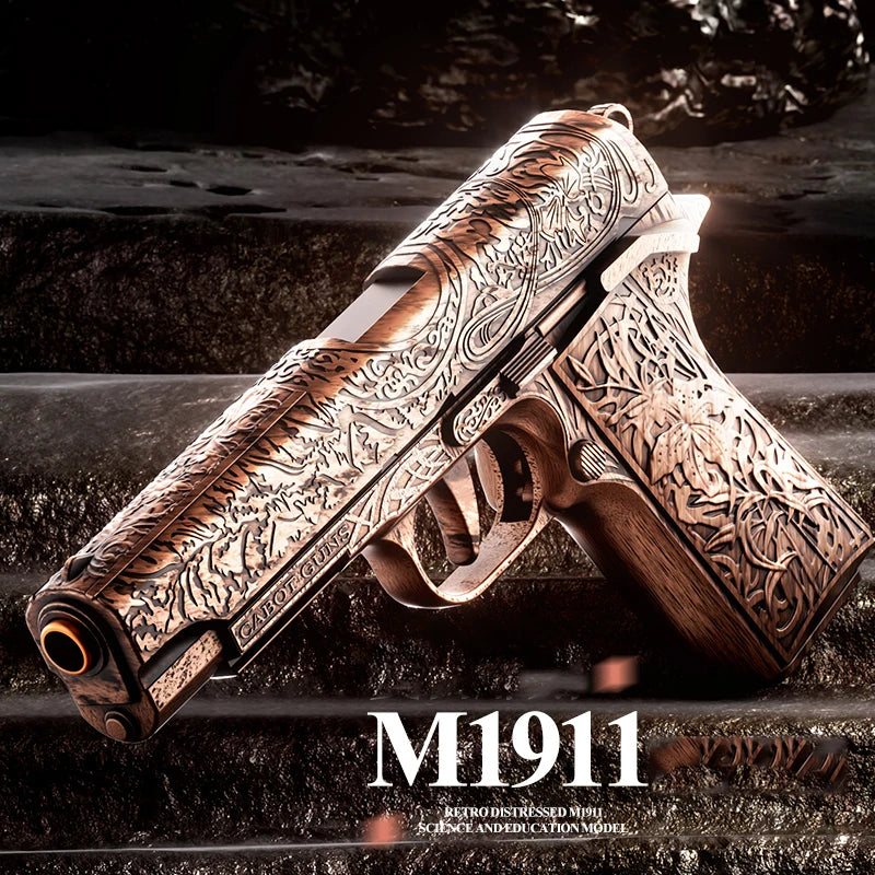 Decorative handgun with intricate engravings on a dark background, featuring the text 'M1911'.