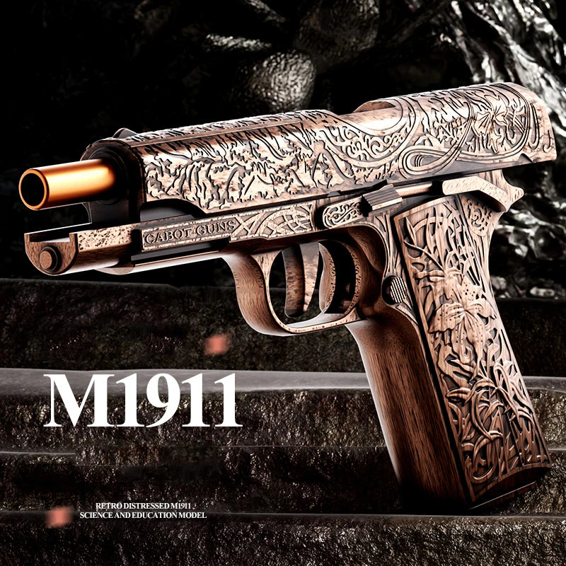 Decorative M1911 gun with intricate carvings on a dark background