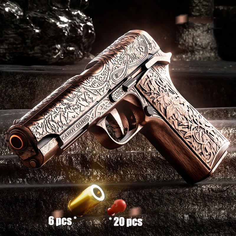 Decorative handgun with intricate engravings on a dark background