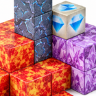 Close-up of the Dark Castle magnetic cubes showing stone, crystal and lava printed textures.