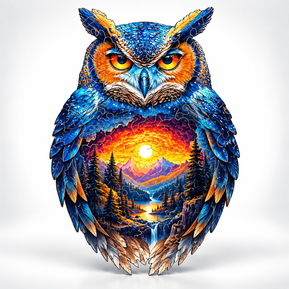 Magical Owl Shaped Wooden Jigsaw Puzzle Sunset Art Decor