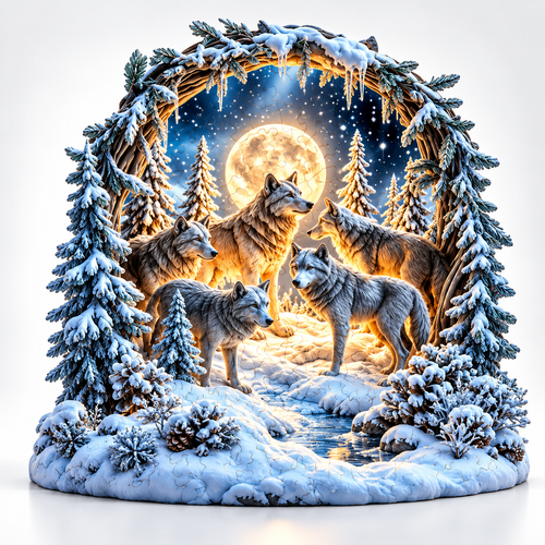Magical Winter Wolf Forest Wooden Puzzle artistic handicraft decor on white gradient background - Toylvia