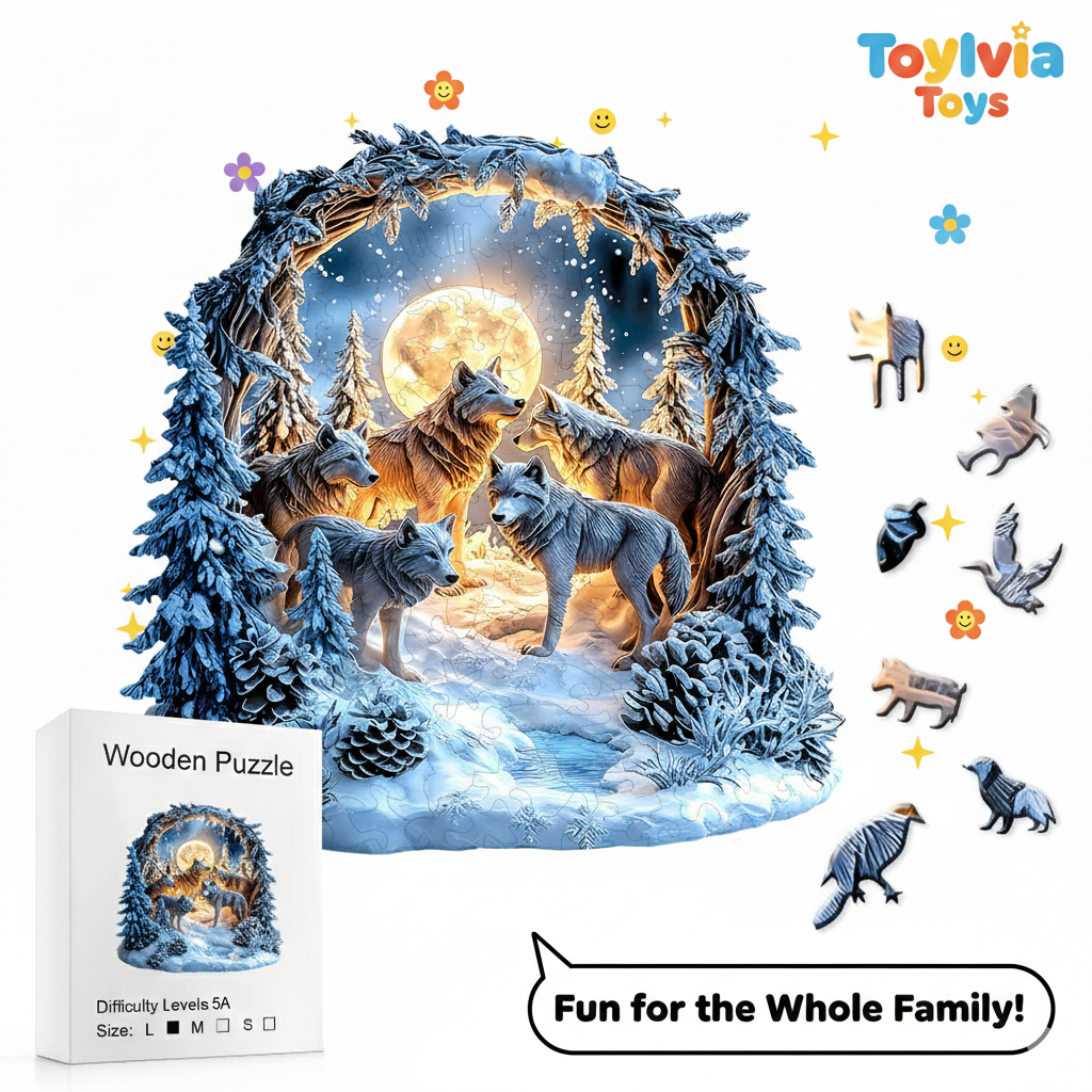 Wooden puzzle packaging with wolves and a moonlit forest design, featuring Toyliana Toys branding. Main image