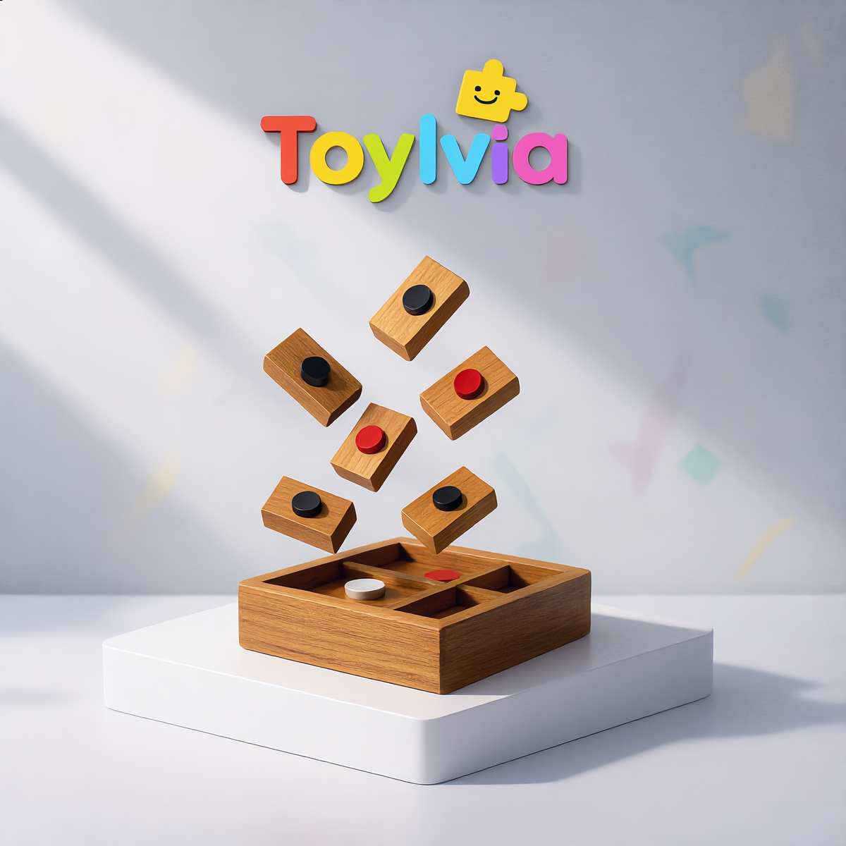 Educational wooden logic toy showing the magnetic attraction feature of the sliding puzzle blocks.