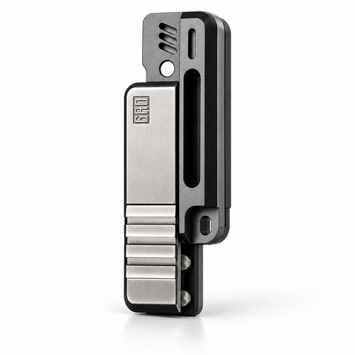 Stainless steel gun magnetic fidget slider — straight vertical 45-degree left view