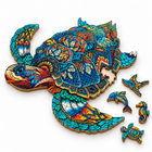Partly assembled Majestic Sea Turtle wooden jigsaw with loose sea-life whimsy pieces beside the colorful puzzle.