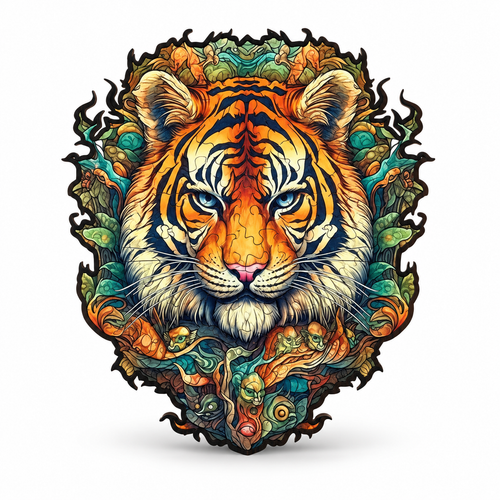 Completed colorful tiger-shaped wooden jigsaw puzzle on white with no loose pieces