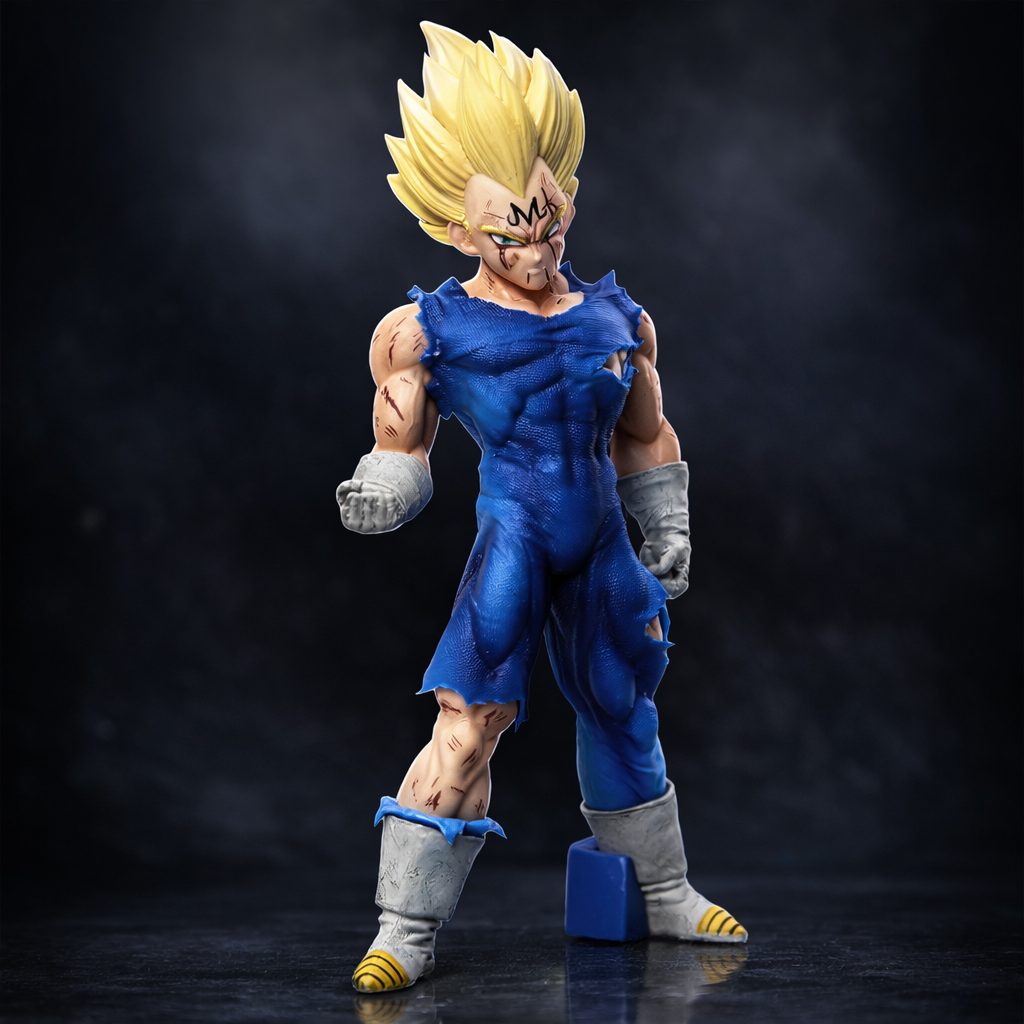 Majin Vegeta Super Saiyan action figure from Dragon Ball Z in battle-damaged blue suit, studio lighting, professional product photo on dark background