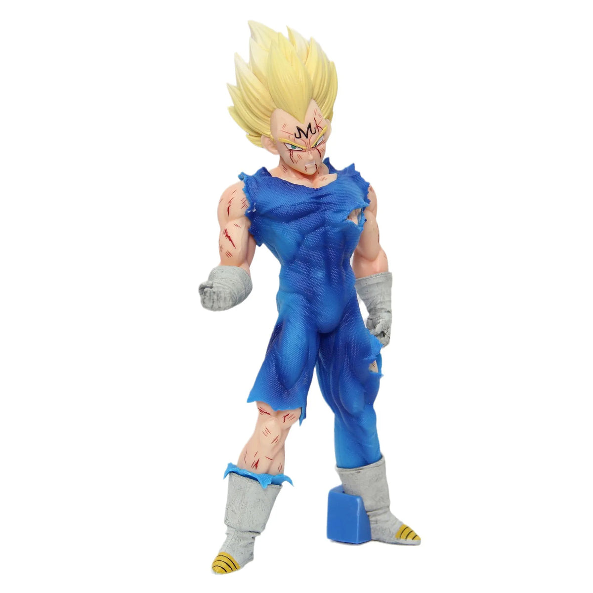 Majin Vegeta Super Saiyan action figure full body front view in battle-damaged blue outfit on white background