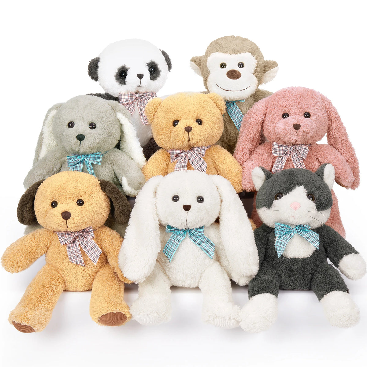 Collection of stuffed animals including bears, a panda, a monkey, a rabbit, and a cat on a white background.