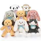 Collection of stuffed animals including bears, a panda, a monkey, a rabbit, and a cat on a white background.