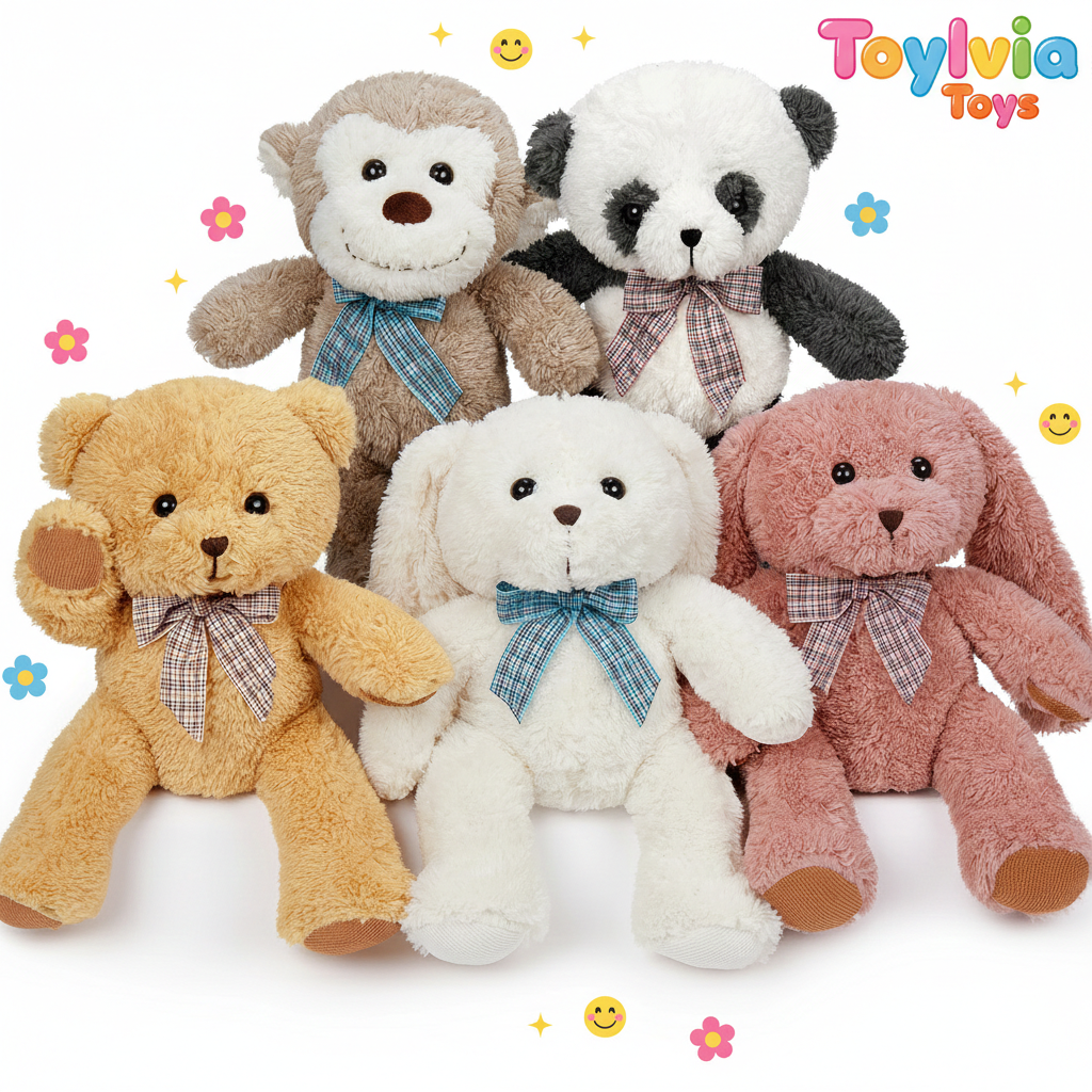 Five plush toys including a bear, monkey, panda, and two bunnies with bow ties on a white background, branded as Toyliava Toys. Main image