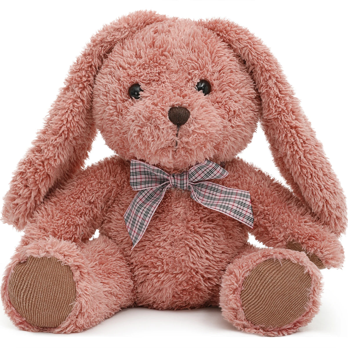 Pink plush bunny with a plaid bow on a white background