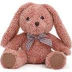 Pink plush bunny with a plaid bow on a white background
